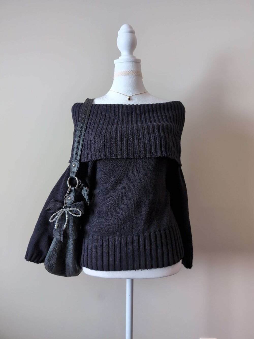 Pria Black Off-Shoulder Bardot Ribbed Knit Sweater 3/4 sleeves | 100% Cotton